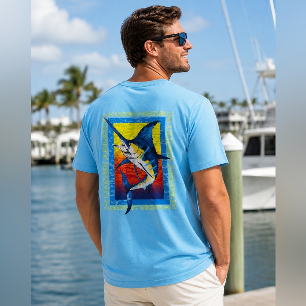 Under Armour Fish T Shirt Mens Medium Blue Marlin Graphic Fishing Logo Tee